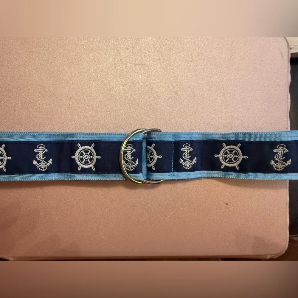 Della Divine- Nautical Inspired Ribbon D-Ring Belt (27”), Navy/Lt Blue